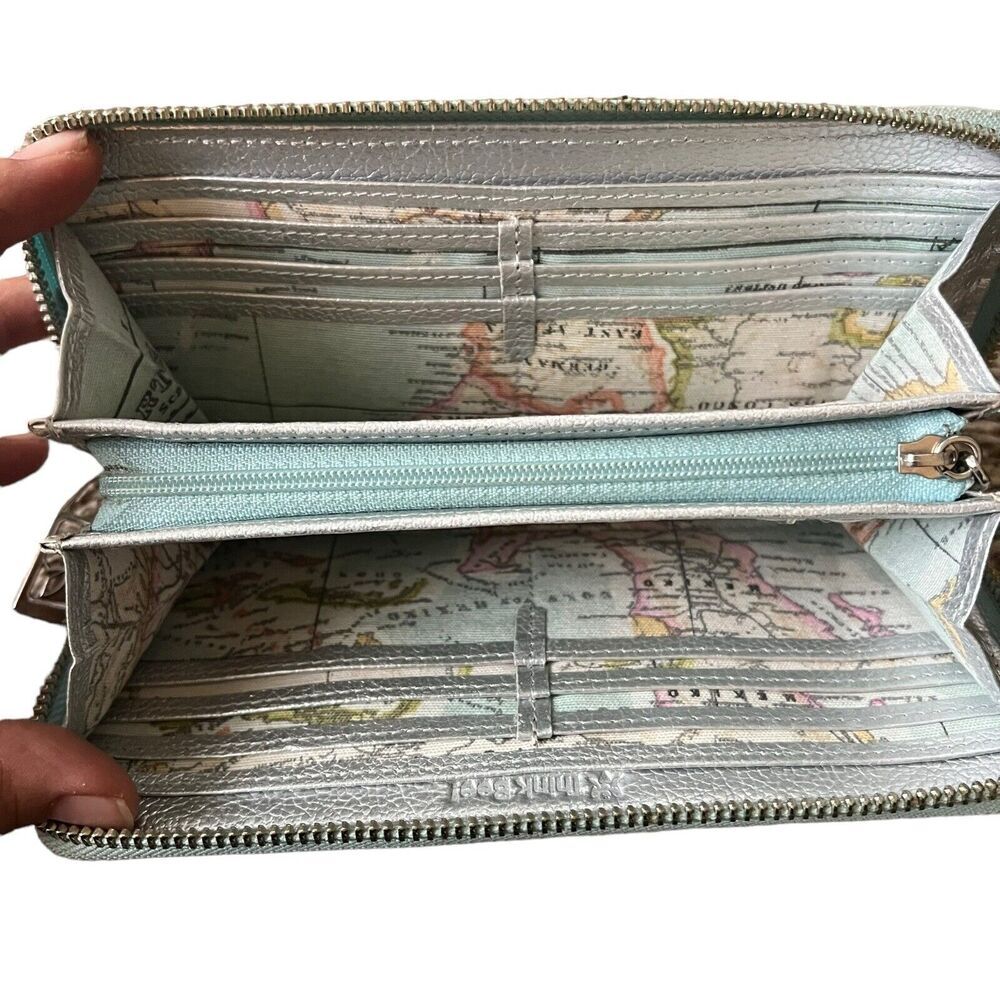 Think Bee Japanese World Map Globe Long Wallet Zip Up Coated Canvas Light Blue - Picture 2 of 16